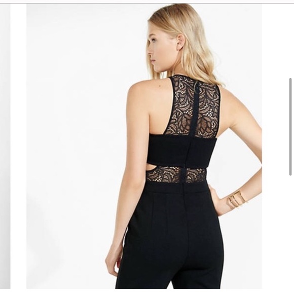 Black lace inset cut out sleeveless jumpsuit black pockets size 6 - Picture 2 of 3